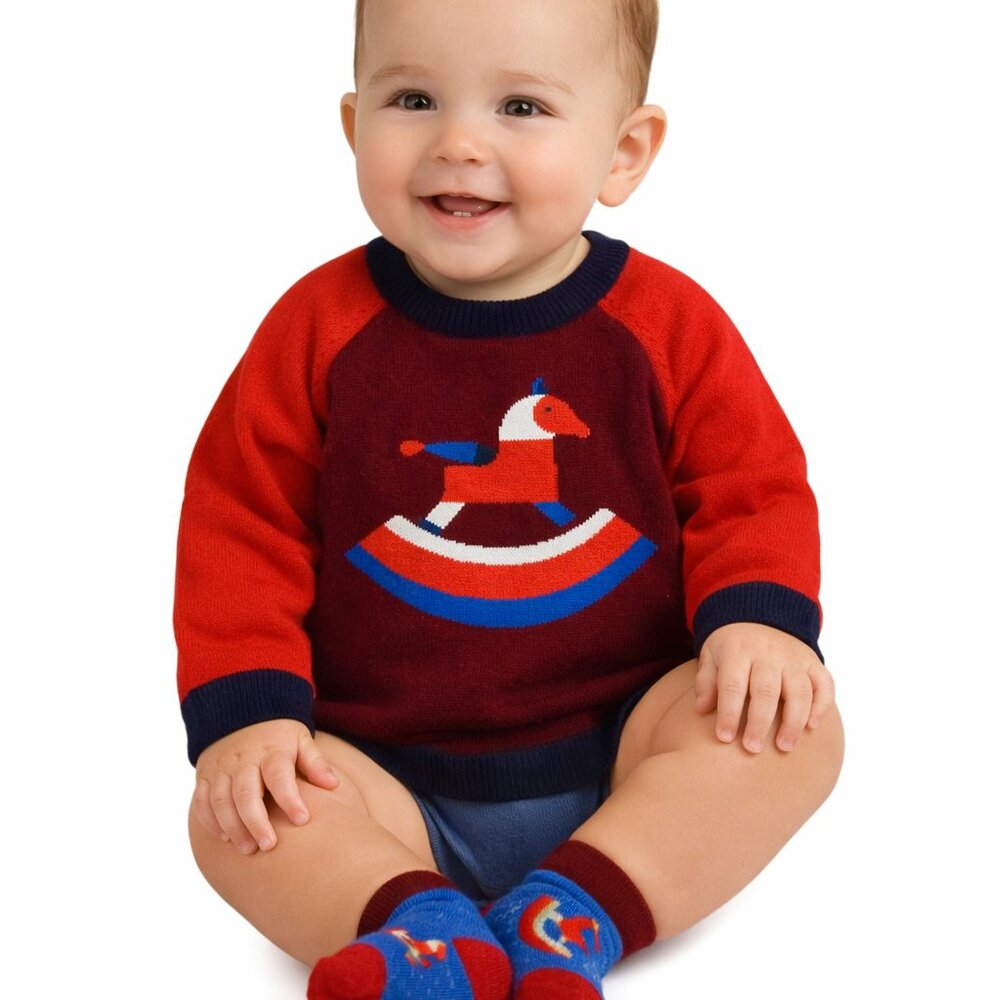 Jacardi Baby Boy Intarsia Horse Jumper Sweater / Sox - ROUGE/BORDEAUX - 36M